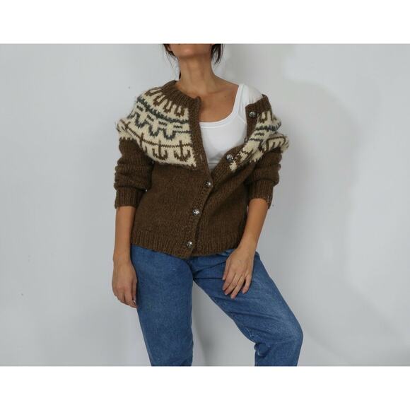 Vintage Brown White Knit Wool Fuzzy Button Down Cardigan Winter Sweater Size M - Picture 1 of 12